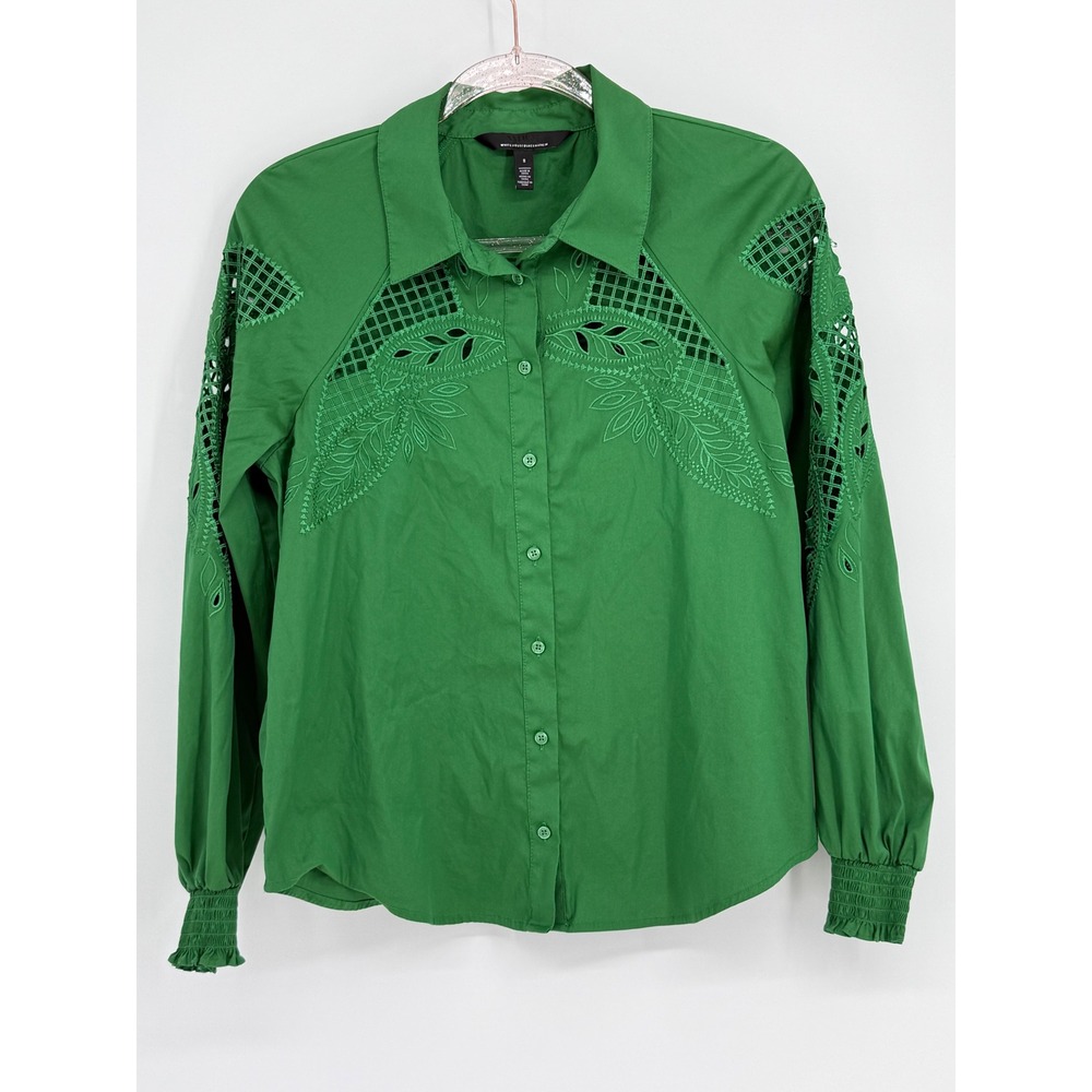 White House Black Market Green Eyelet Cutout Smocked Cuff Button Down Shirt Sz 8
